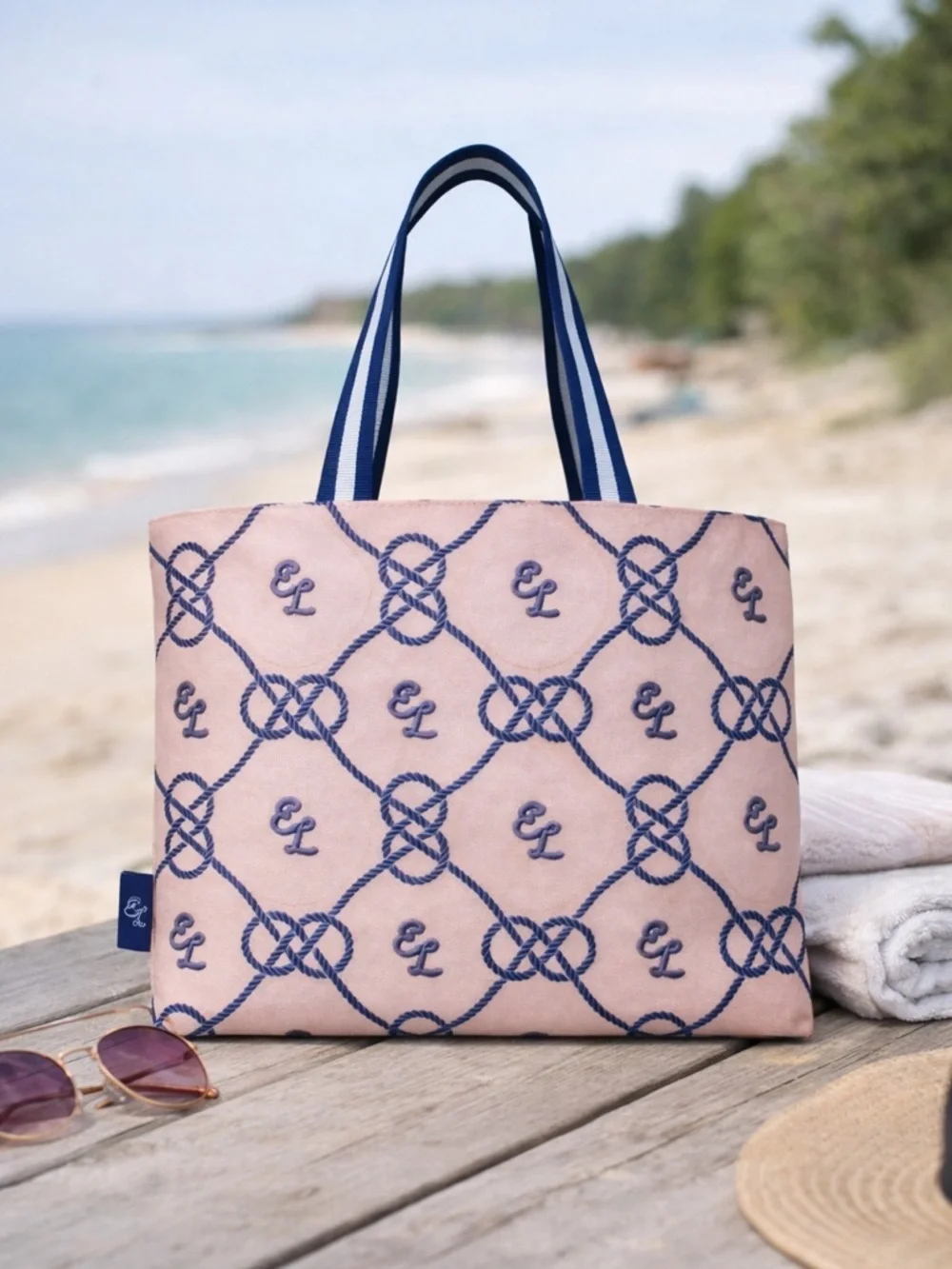 Estée Lauder Pink Blue Nautical Logo Canvas Tote Bag Beach Travel Shopper - Picture 15 of 15